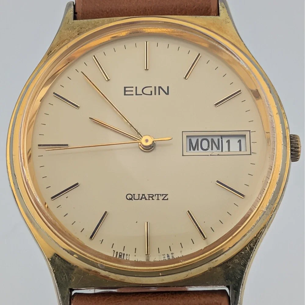 Elgin Vintage‎ Quartz Day Date Gold Tone Minimalist Dress Watch 34mm